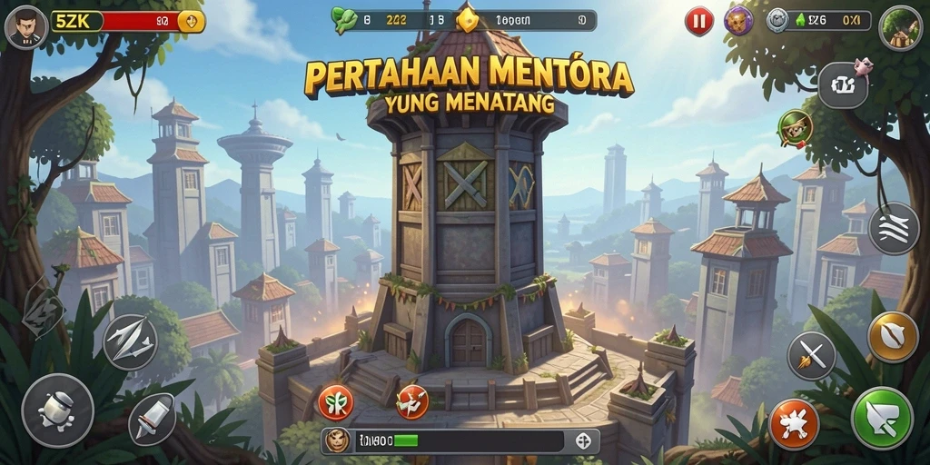 Tampilan gameplay menara pertahanan yang strategis dan mendebarkan.