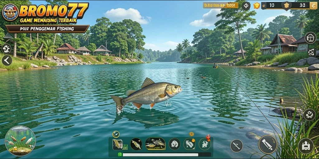 Screenshot gameplay BROMO77 dengan aksi memancing yang seru.