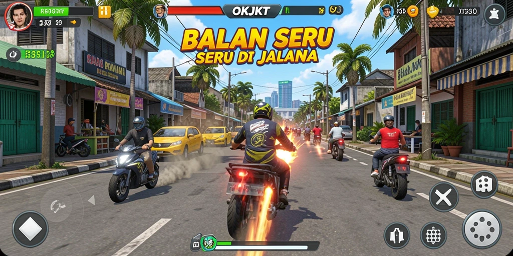 Screenshot gameplay OKJKT menampilkan aksi balapan yang seru.