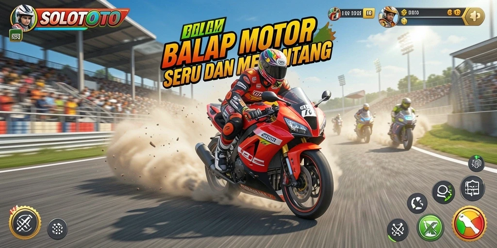 Gameplay seru balap motor di SOLOTOTO saat menaklukkan trek.
